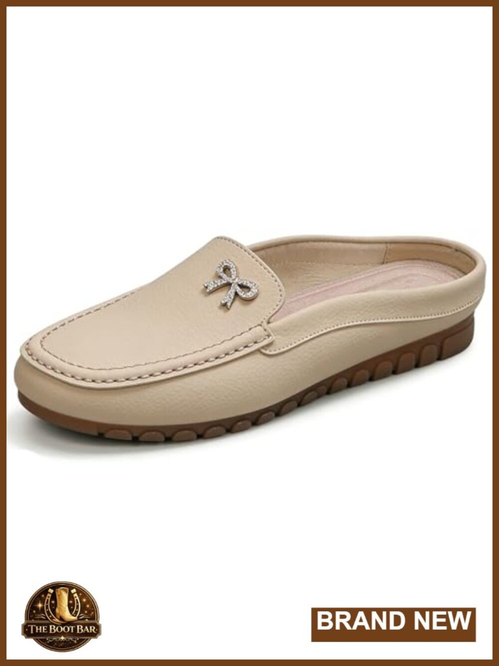 Women's Faux Leather Rhinestone Bow Mules Round Toe Backless Slip-On Comfort